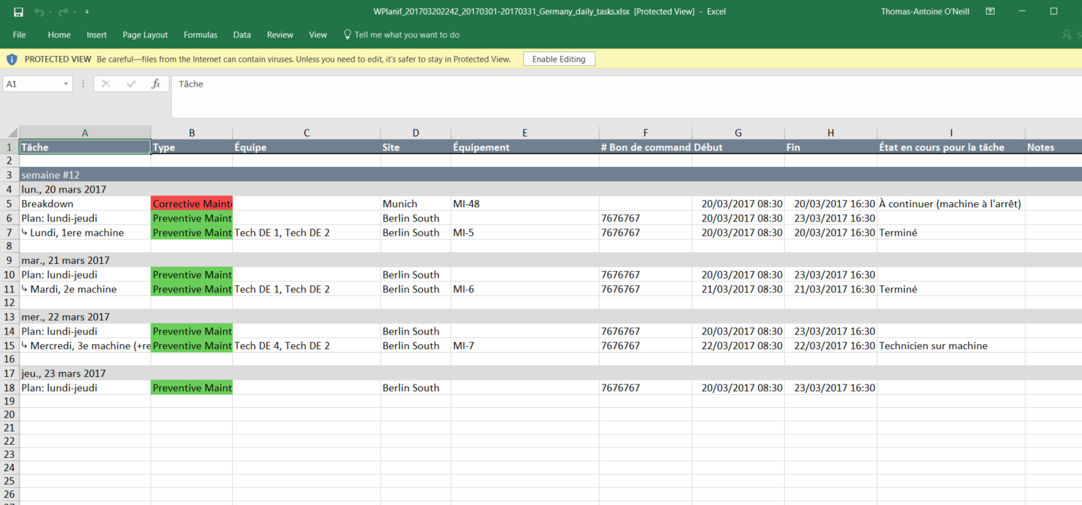 Export sous Excel de la feuille de jour